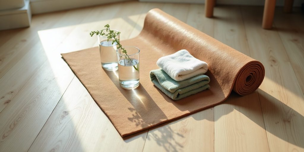 Tapis de sol roulé, serviette pliée et verre d'eau posés sur un parquet clair.